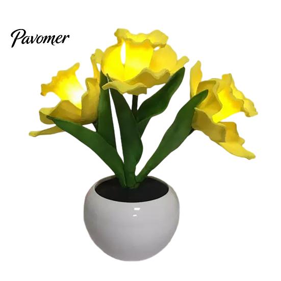 Wedding Centerpiece Table Lamp LED Tulip Flower Lamp, Battery Powered Artificial Night Light with Office Desk Decorative Ornament Ceramic Pot, Floral