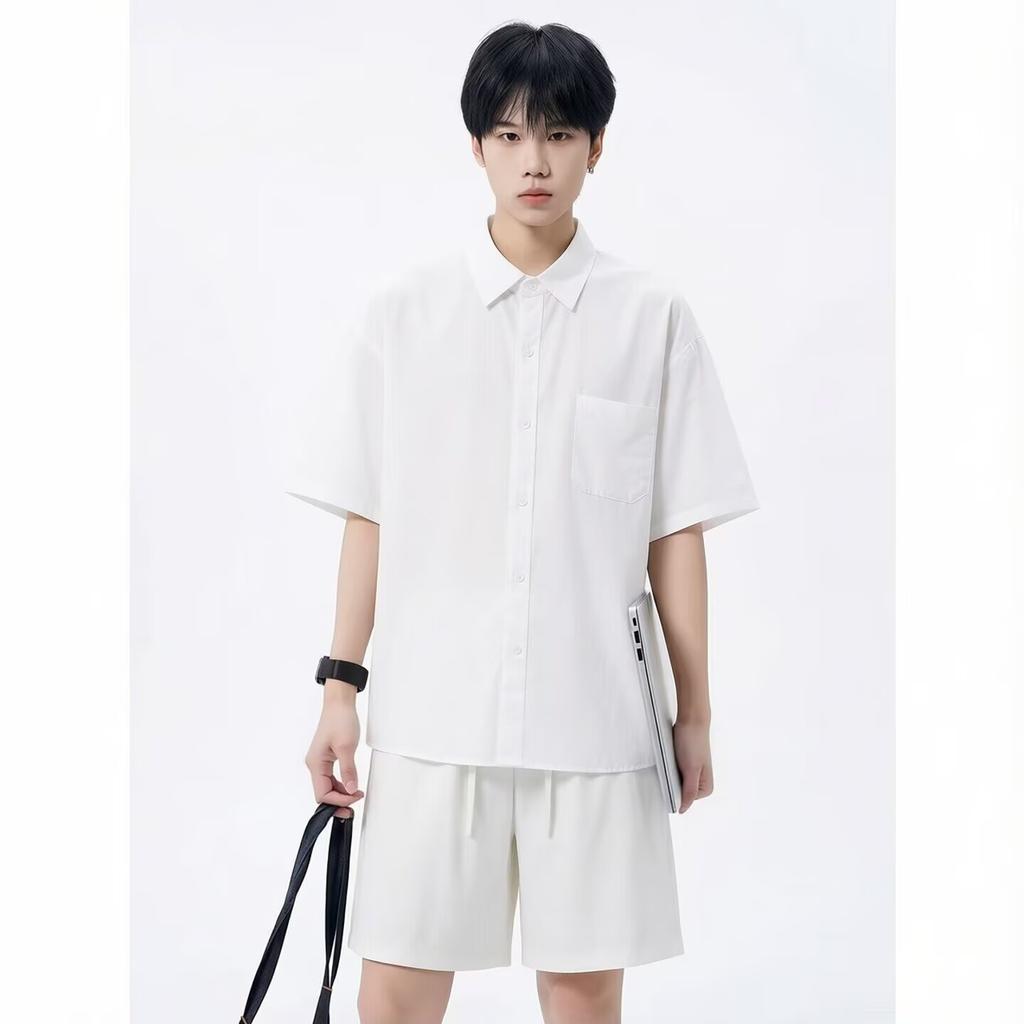 Retro Summer Loose-Fit Workwear Short-Sleeve Shirt Unisex Shirt And Shorts Two-Piece Set For Couples