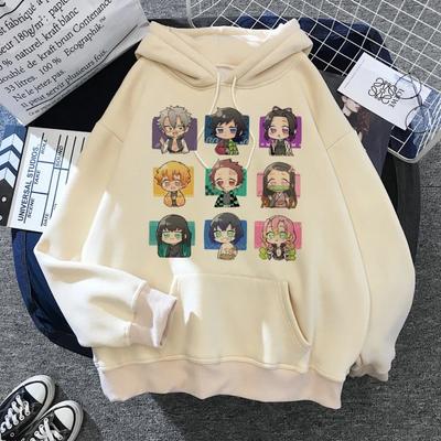 Japan Anime Demon Slayer Ladies Hoodies Japanese 2000s Style Y2k Casual Hooded Sweatshirt Harajuku Cartoon Manga Khaki Pullovers
