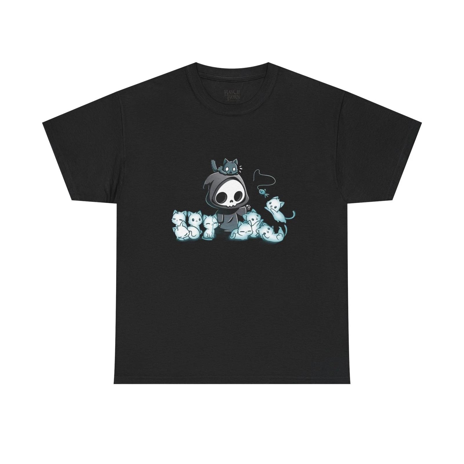 Cute Grim Reaper with Ghost Cats Tee | Spooky Kawaii Cat Skeleton Shirt L