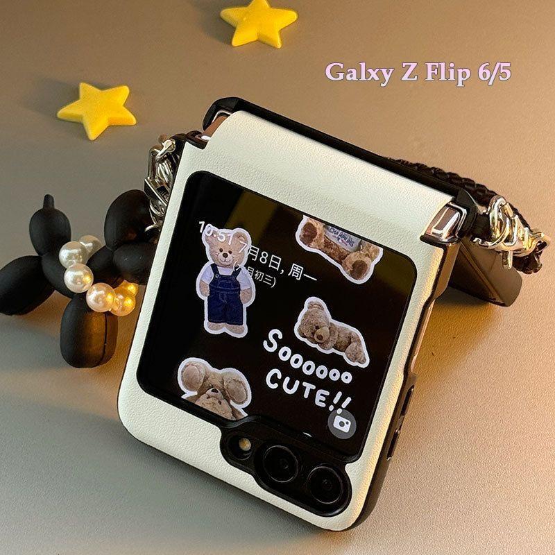 Cute Flip Case For Samsung Z flip 6 Zflip5 Foldable Screen Back Cover Galaxy Z Flip 5 6 Casing with Pet Pendant Hand Rope