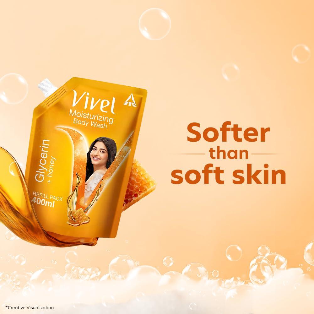 Vivel Glycerin And Honey Moisturizing Body Wash 400ml Refill Pouch For Women And Men For Glowing Soft Nourished And Hydrated Skin All Skin Types
