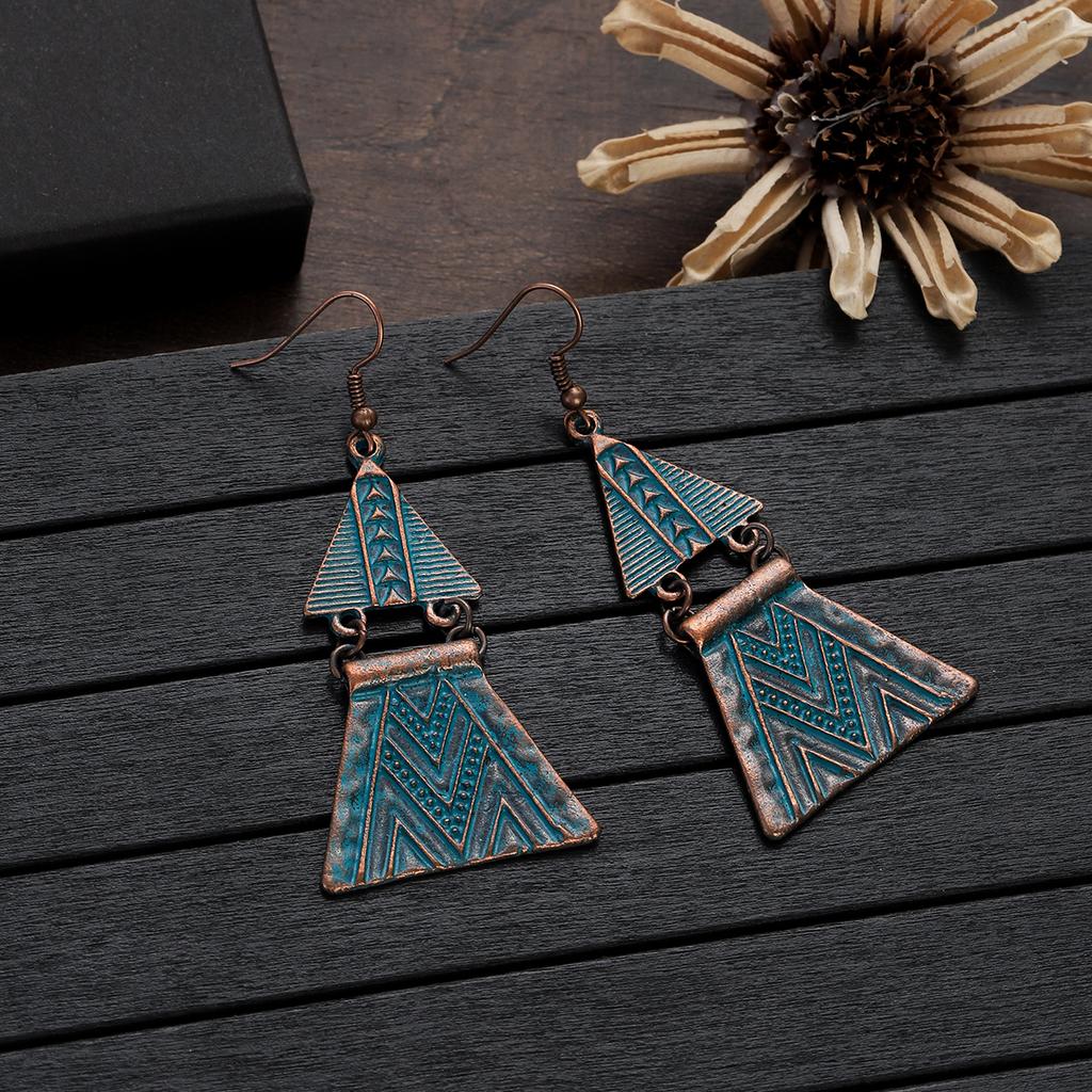 Antique Bronze Metal Earrings Vintage Geometric Round Triangle Dangle Pendientes Earrings Women's Ethnic Indian Jhumka Zircon