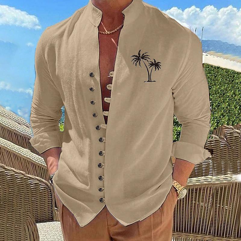Autumn Long Sleeved Stand Up Collar Coconut Tree Printed Retro Slim Fit Men's Casual Shirts Beach Style Top Man