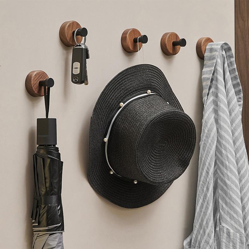 Selbstklebender Haken aus Massivholz Nussbaum Hängehaken Badezimmer Schlafzimmer Wandhaken für Schlüssel Tasche Handtuch Mantel Heimdekor Organizer Haken