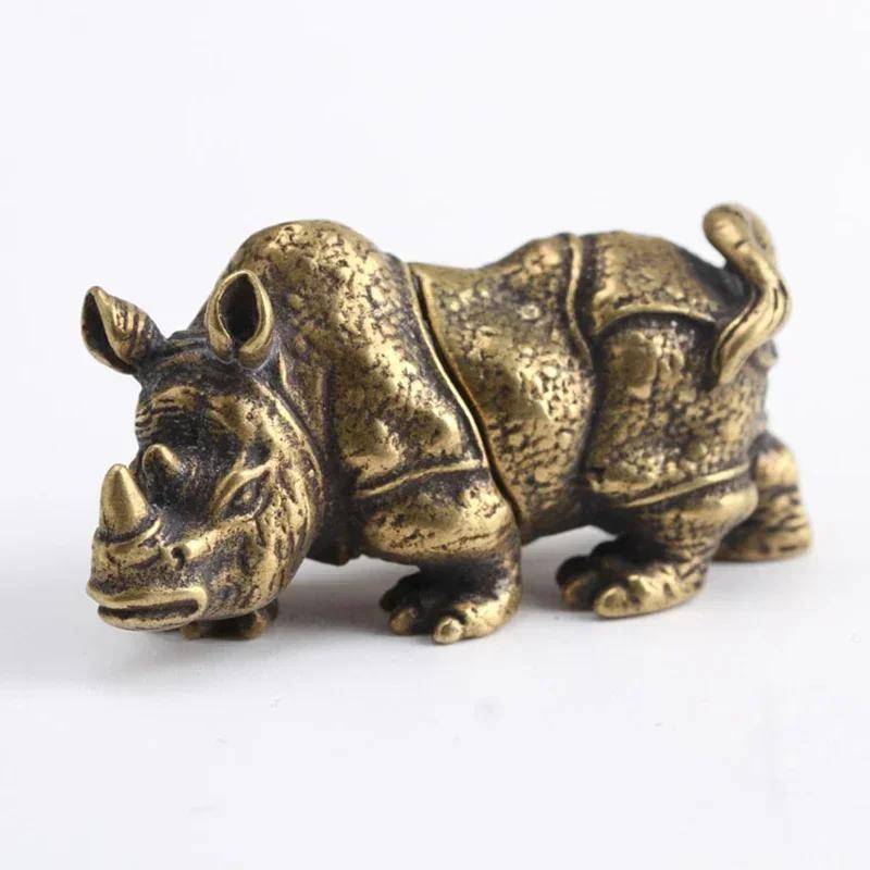 Pure Copper Miniatures Lucky Rhino Statue Figurines Desk Decorations Vintage Brass Animal Statue Home Decor Ornaments Crafts