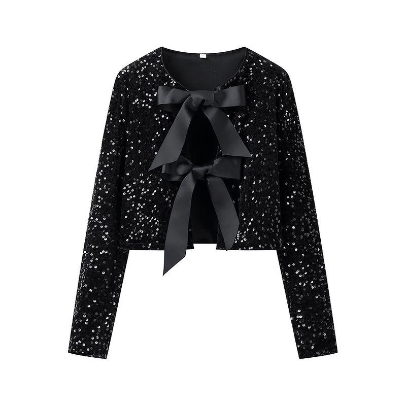 

Zbza Spring New Arrival Women s Clothing Fashion Style French Fashion Design Bows Sequin Tops Black XS