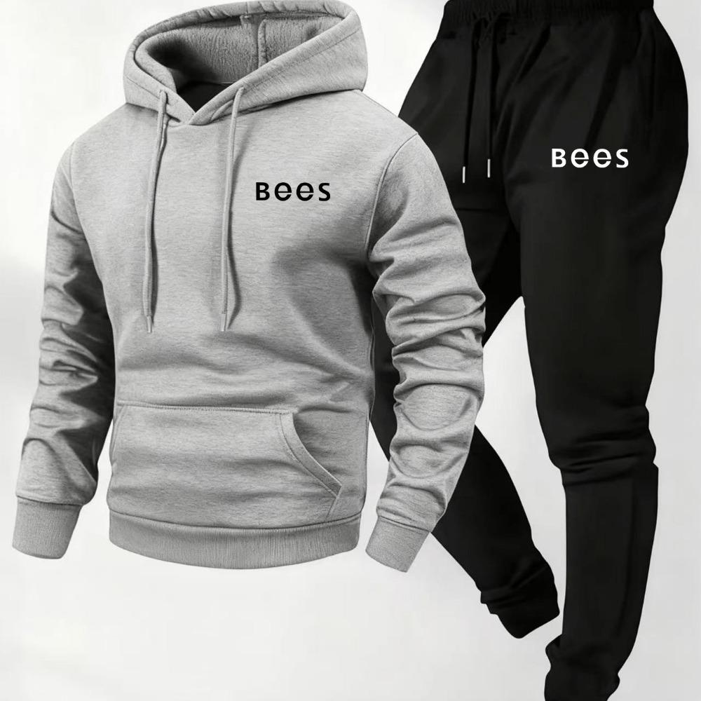 Autumn and Winter Men's Thick Wool Hooded Sweatshirt and Sports Pants Set, Made of Polyester Fabric, Featuring Bee Letter Pattern Printing Set