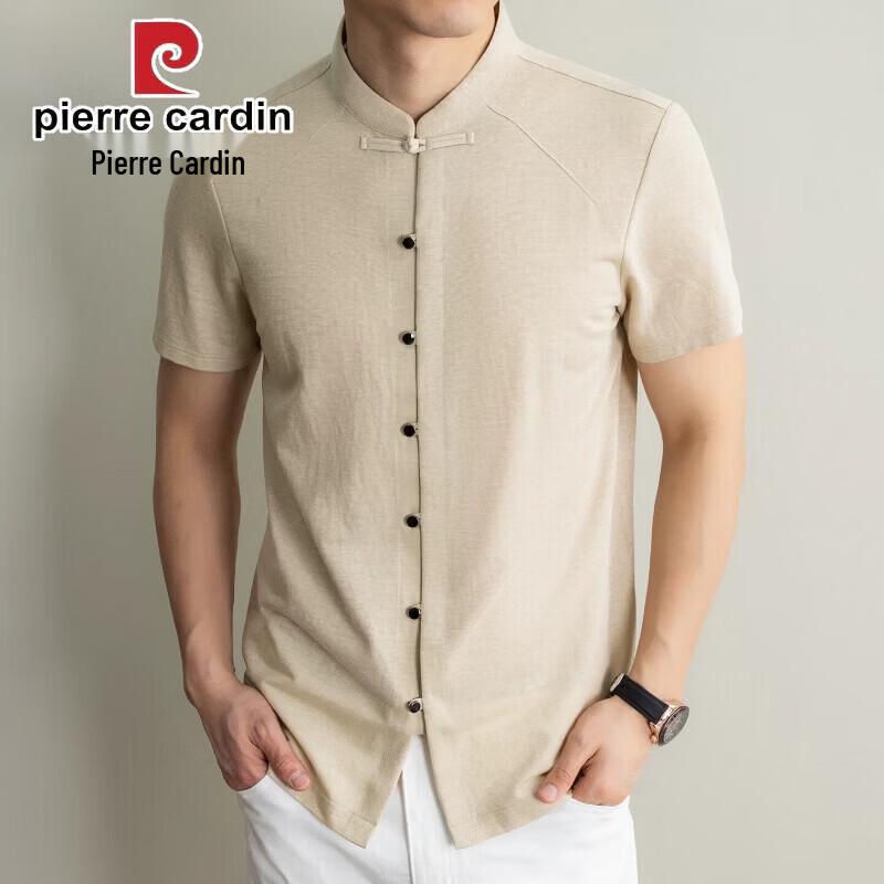 Pierre Cardin Men s New Chinese Style Short Sleeve Stand Collar Cotton Linen Blend Shirt 2XL