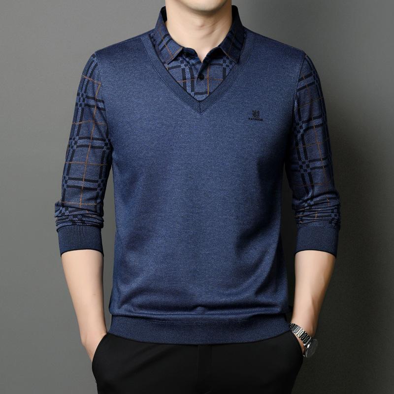 

Осенний новый стиль воротник рубашки свитер повседневный мужской средний возраст мода простой пуловер мужской свитер поддельные две части 3XL