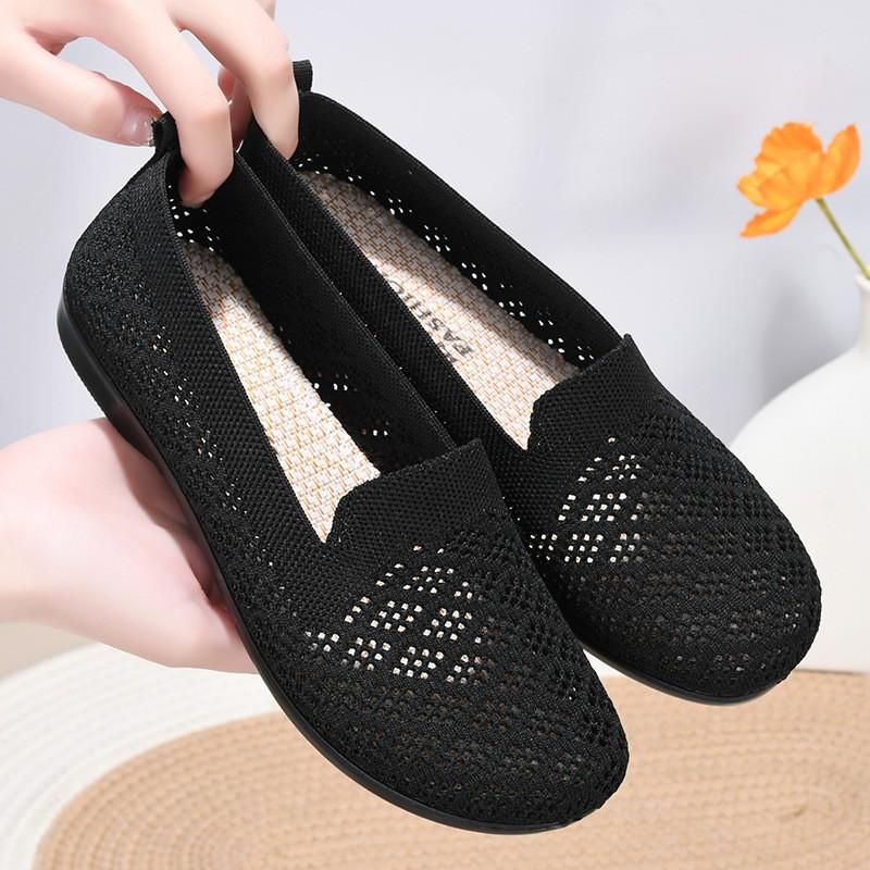 Womens Breathable Mesh Flat Shoes With Cutout Design Comfortable Slip-On Walking Fall