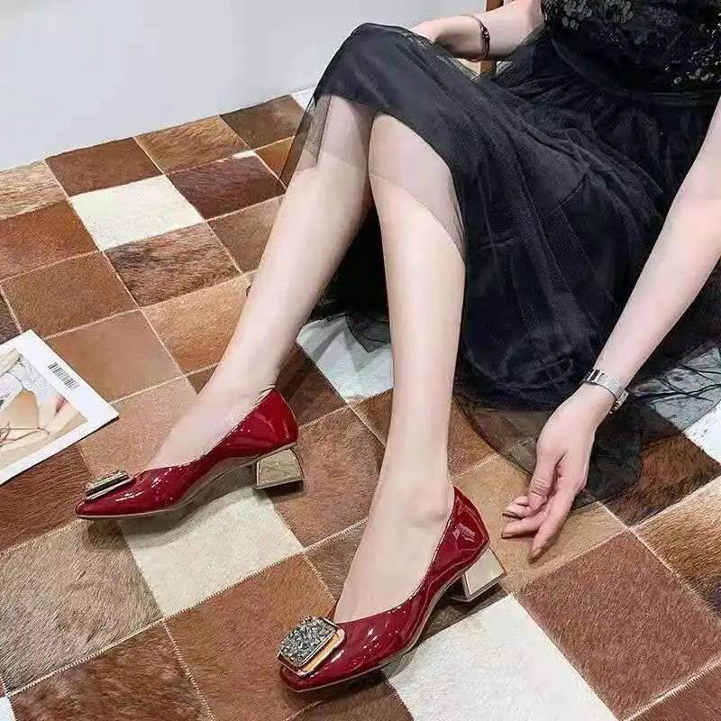 Fashion 2024 Fashion Pumps Shoes Women Medium Heel Trend Spring Summer Patent Leather Red Square Toe Shallow Mouth Women High Heels