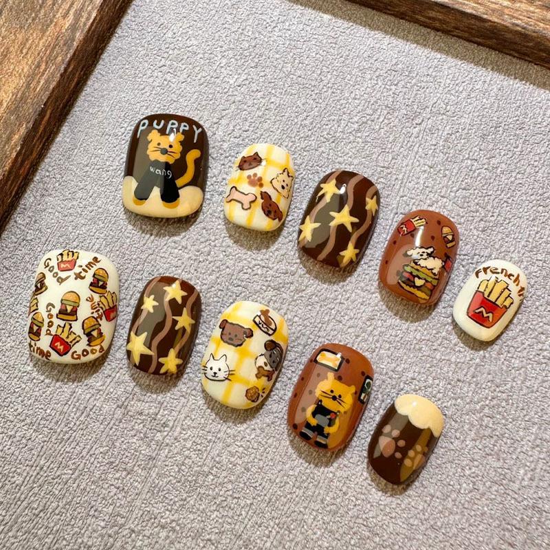 30Pcs Cute Cartoon Short Bean Shaped Press On Nails Autumn Winter Niche Design Fake Nails Gift For Girls And Friends
