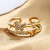 Gold Color Double Layered Butterfly Charms Adjustable Rings For Women Paved Diamond Copper Finger Accessory