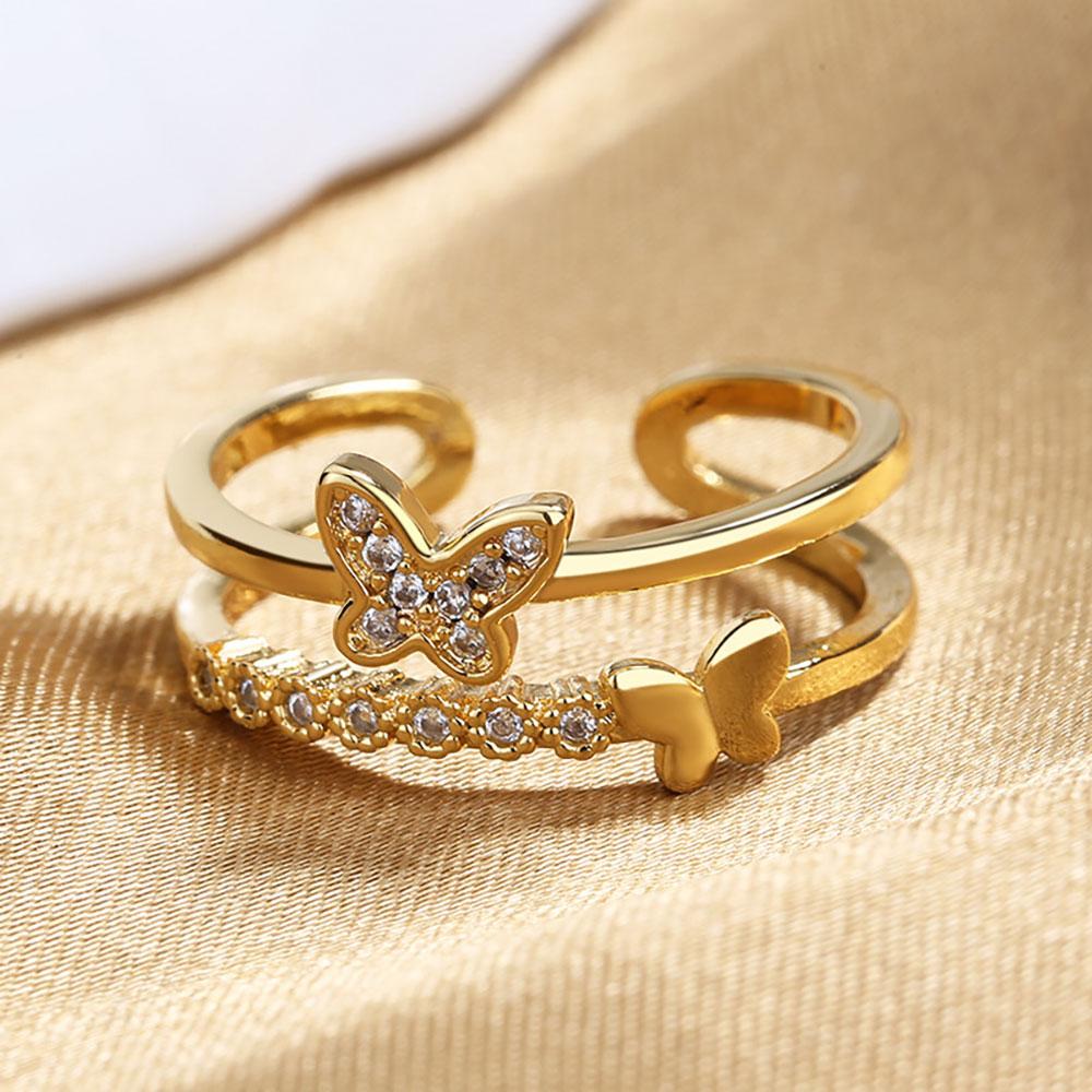 Gold Color Double Layered Butterfly Charms Adjustable Rings For Women Paved Diamond Copper Finger Accessory
