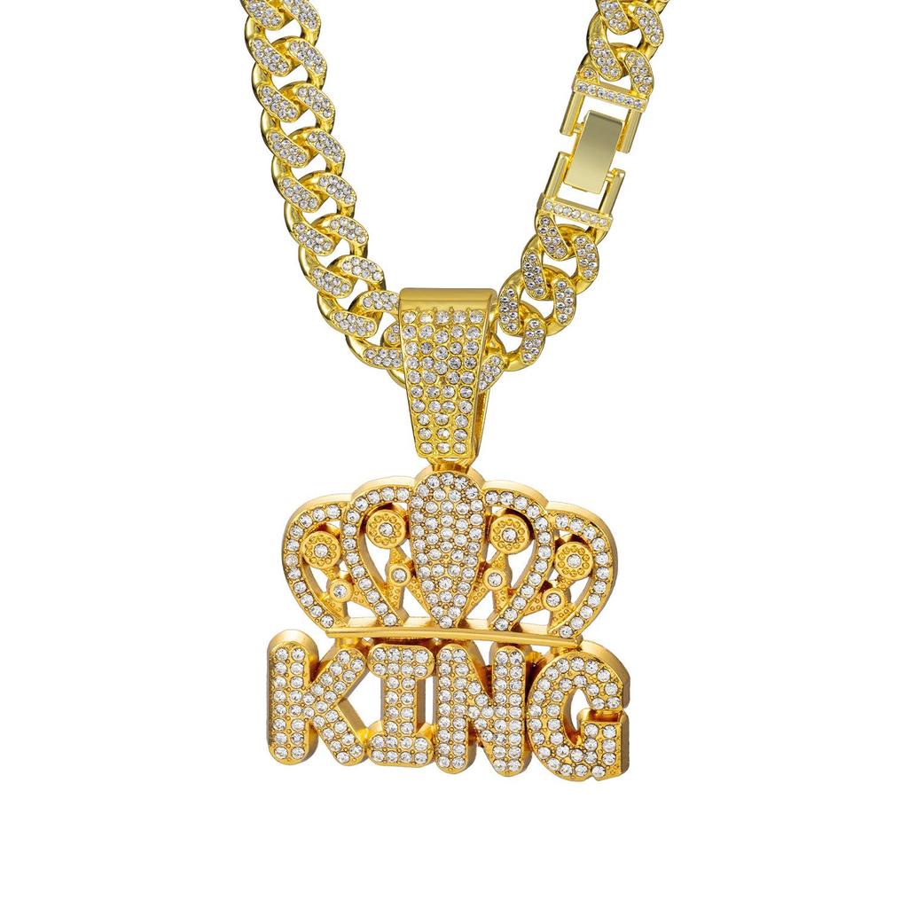 King Cuban Pendant Necklace with Alloy Rhinestone Crown - European & American Hip Hop Jewelry.