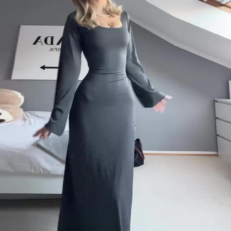 2024 Autumn Women's Solid Square Neck Slimming Long Sleeve Dress