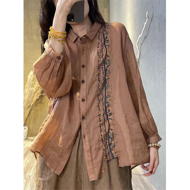 Spring and Summer New Retro Ramie Long-sleeved Shirt Temperament Loose Outer Shirt XS