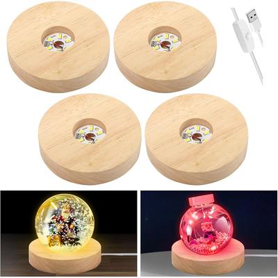 4 Pcs Wooden LED Light Base, Wooden Light Stand Base,LED Lights Display Base USB Sphere Holder Crystal Glass Light Base Stand Wood LED Display Stand