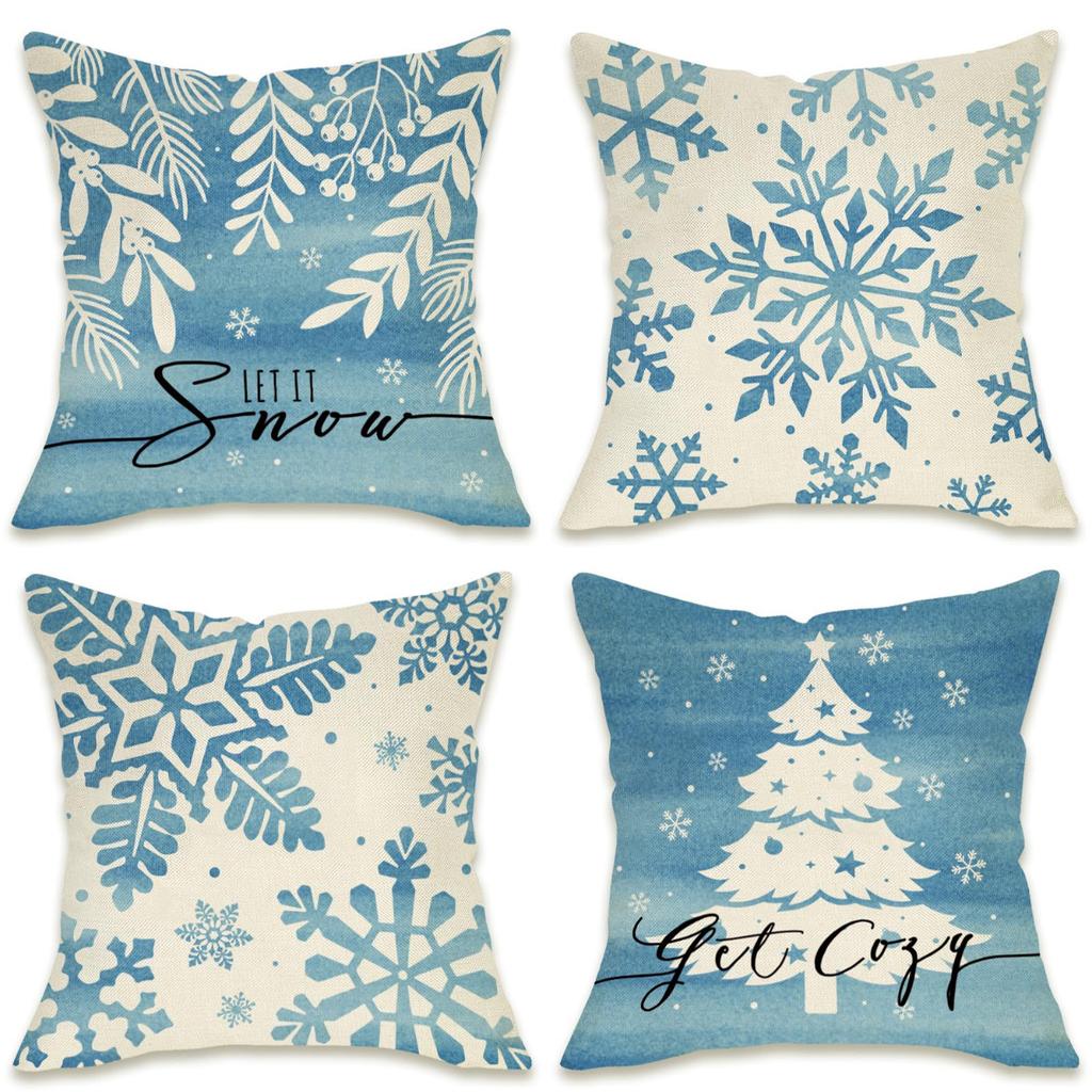 Neue Blaue Schneeflocke Weihnachts-Kissenhülle Leinen-Druck Kissenhülle Festliche Raum Sofa Dekoration Kissenbezug