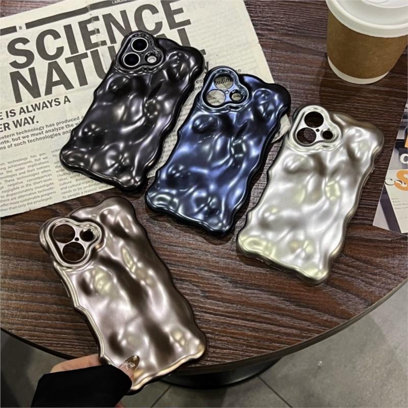 Luxury Glossy Reflective Tinfoil Wave Pattern Case For iPhone 16 Plus 15 14 13 12 Pro Max 11 3D Curved Bright Plating Cover