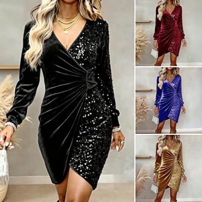 Women Velvet Sequin Wrap Mini Dress Long Sleeve V Neck Ruched Bodycon Dress Glitter Party Cocktail Club Dress