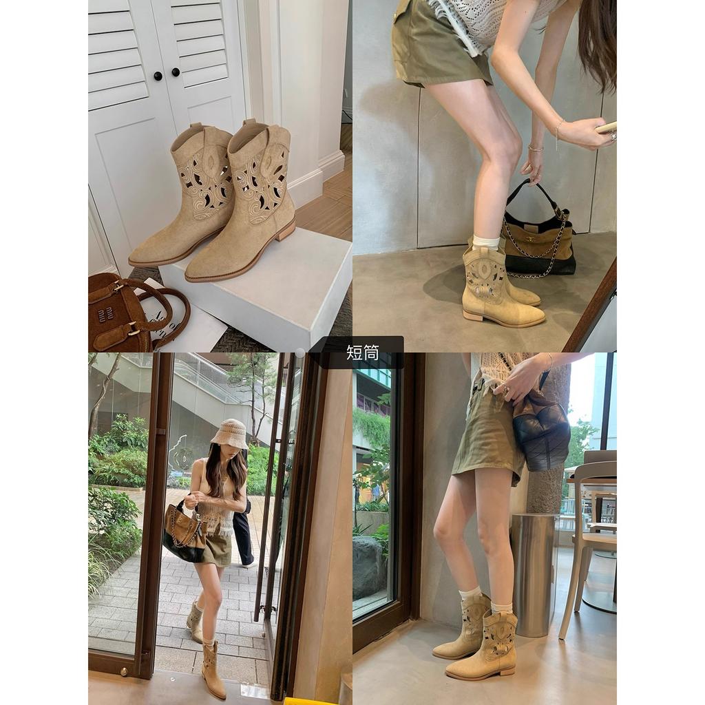 Cowhide version of grape mother, two versions of the same style~ Spice girl pointed head hollow embroidery medium and short tube thick heel western 