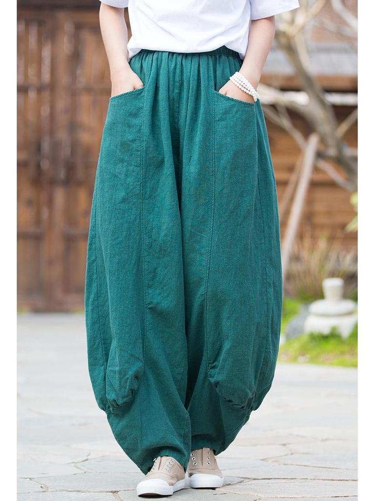 Dambyxor i Zen-stil av ramie, sandtvättade, med vida ben - Vår/Sommar, Casual, Hem- och Resplagg