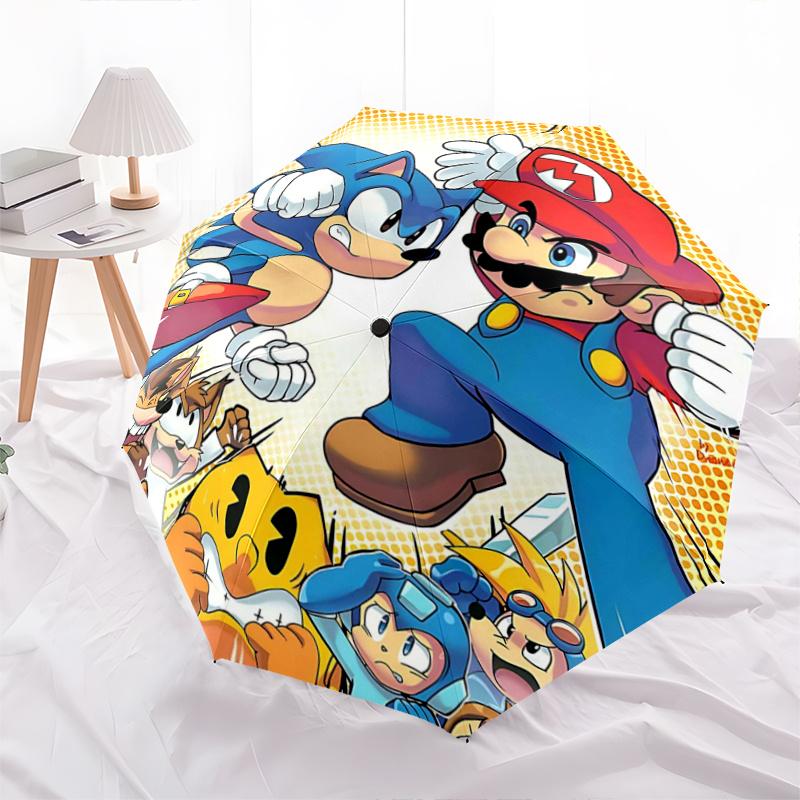

1pc Sonic vs Mario Pattern Automatic Cartoon Umbrella is Fashionable and Good-Looking, a Portable 3-Fold Umbrella, Suitable for Travel and Daily Use,