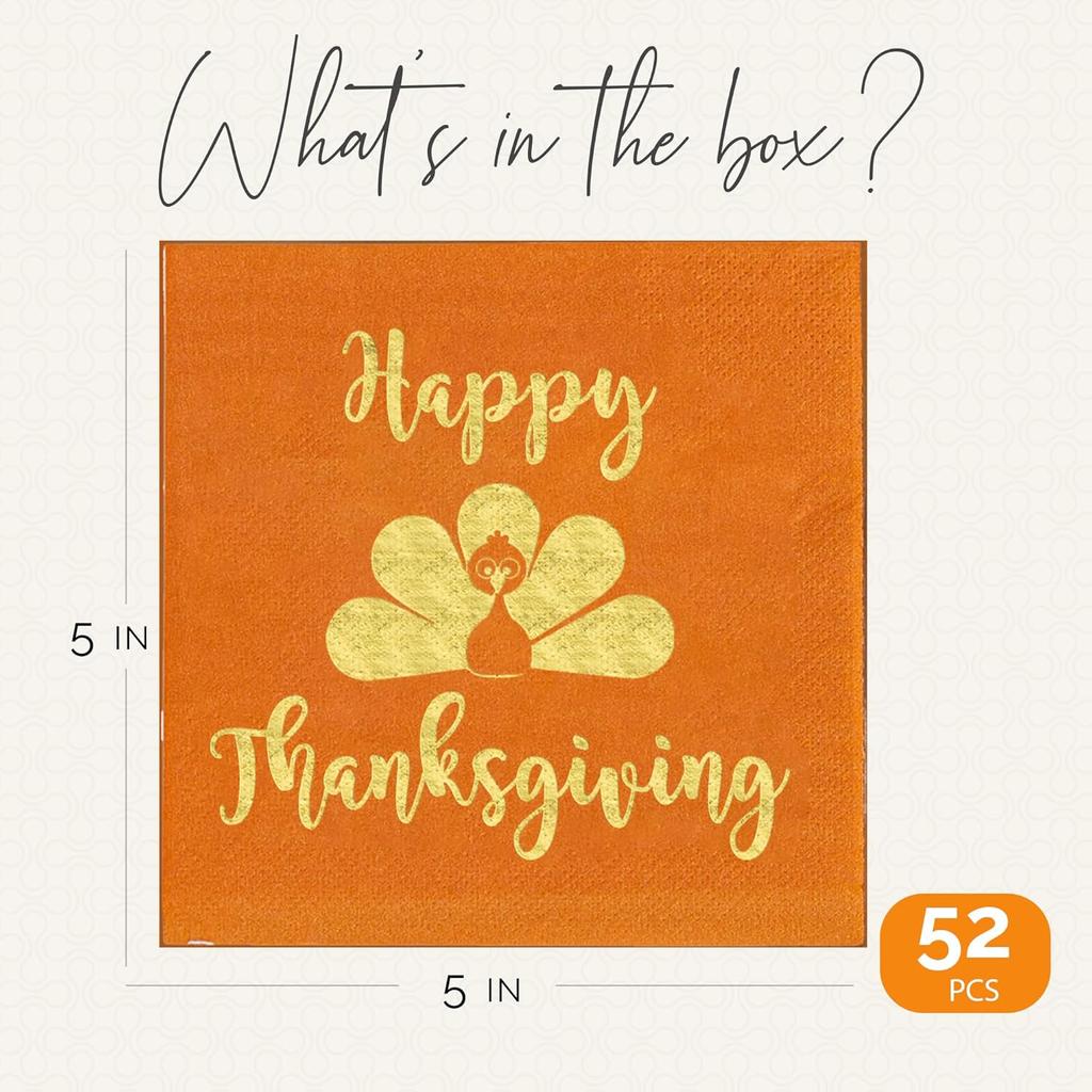 Happy Thanksgiving Napk 52 Pcs, Cocktail Thanksgiving Napk Disposable, Paper Friendsgiving Napkin, Friendsgiving Decorations, Grateful and Thankful -