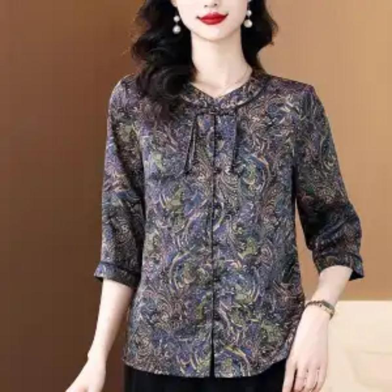 Damen Vintage Paisley Print Bluse 3/4 Ärmel Stehkragen Knopfleiste Lässiges Hemd
