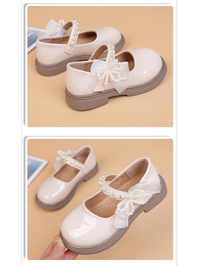 Girls' Pearl Bow Princess Shoes - Spring/Autumn Fashionable Leather, Korean & British Style, Casual & Performance Wear