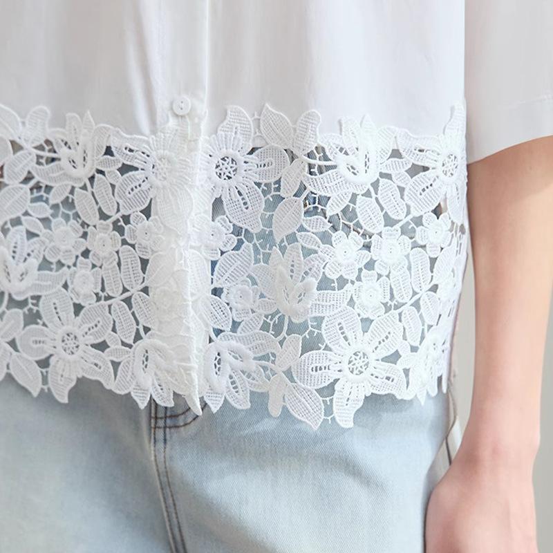 White Lapel Seven-quarter Sleeve Hollow Embroidered Top Womens Summer Updated Top