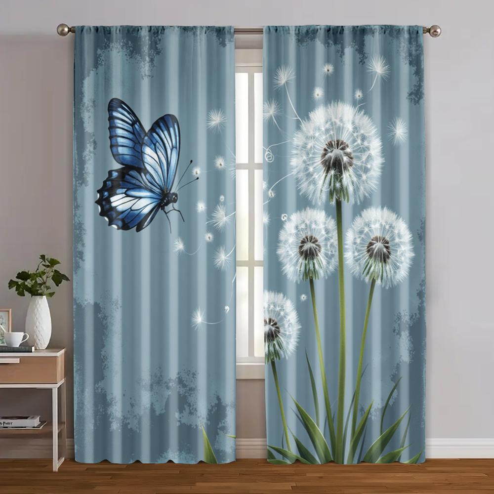 

2pcs, Fashionable Curtains depicting sky blue, gray dandelions and butterflies Fabric (without rod) Gifts Perfect for Bedroom & 29x65in(75x166cm)