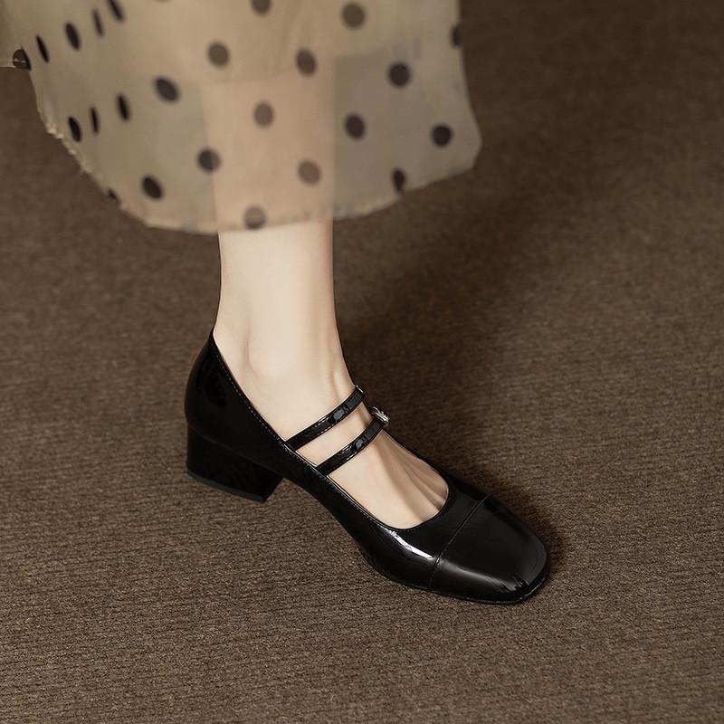 Retro Versatile Silver Mary Jane Shoes Women's 2025 Spring and Autumn Thick Heel One-word Buckle with Light Mouth Medium Heel Single Shoes