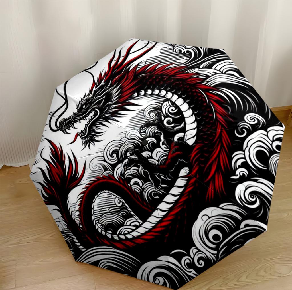 Red Dragon Circle Portable Automatic Umbrella Compact & Durable 8-Rib Design Lightweight Travel Essential Elegant Women's Umbrella