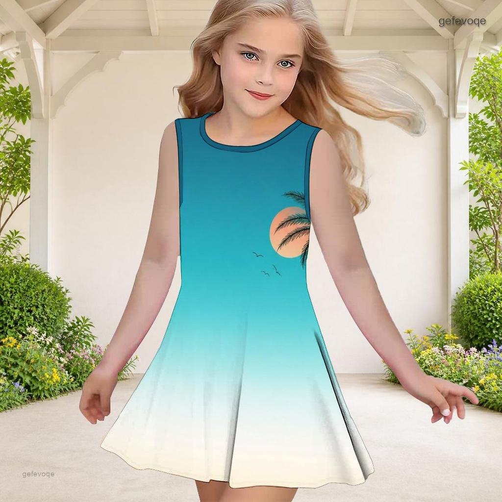 Little Girls Round Neck Sleeveless Clover Printed A Line Flared Dress
