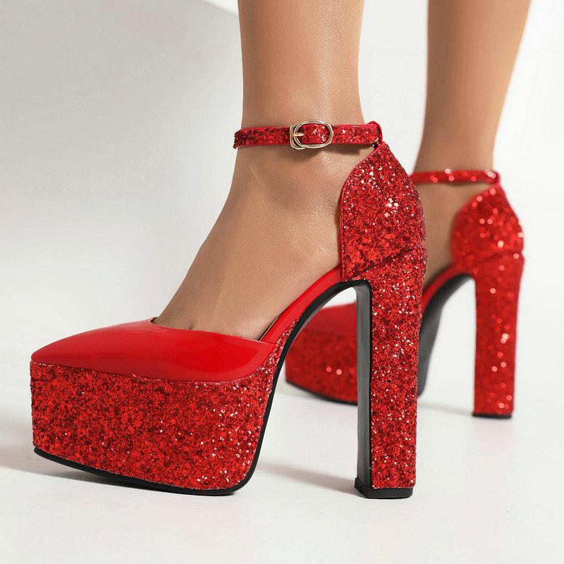Sandales à talons épais à paillettes pour femmes, chaussures d'été imperméables à boucle unique, talons super hauts de 15 cm