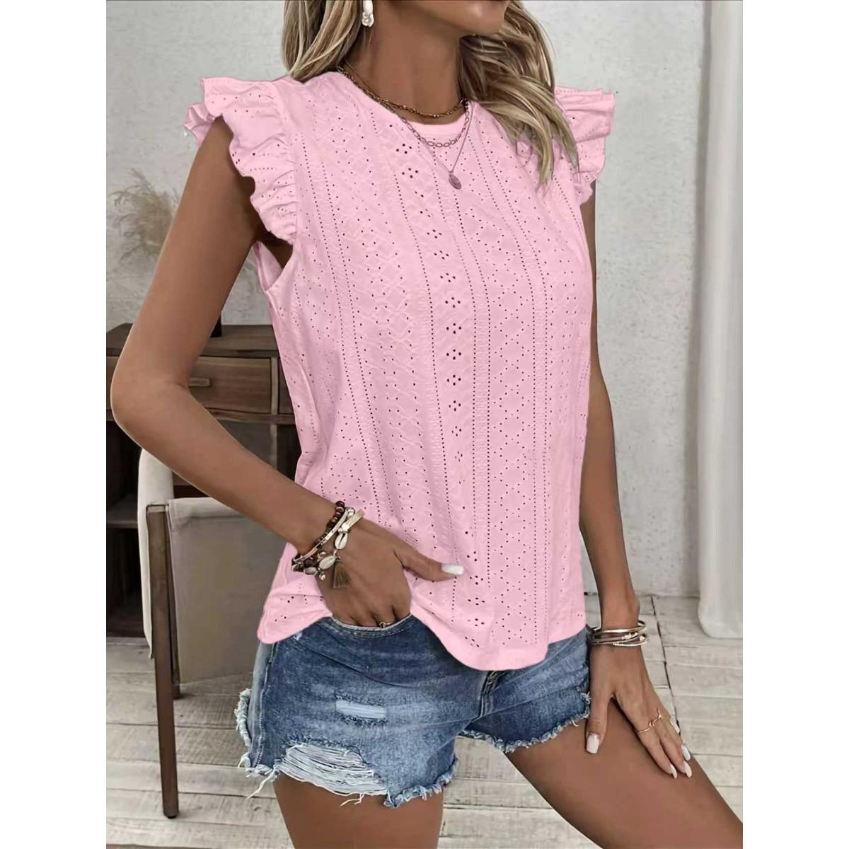 

Summer Spring Women s Short Sleeve Top, Crew Neck Ruffled Sleeve Back Lace Up Casual Blouse, European American Fashion for Crossborder XXL рожевий