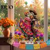 Easy Install Window Pavement Day of The Dead Clings, Halloween Double-Sided Skull Sticker, Ethnic Pattern Wall Art Colorful Flower Skeleton