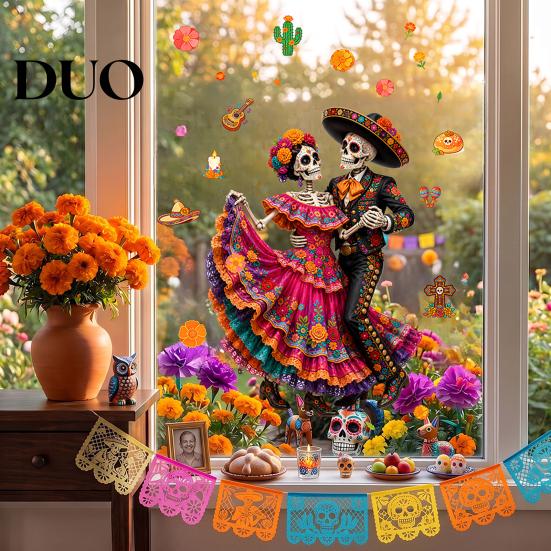 Easy Install Window Pavement Day of The Dead Clings, Halloween Double-Sided Skull Sticker, Ethnic Pattern Wall Art Colorful Flower Skeleton