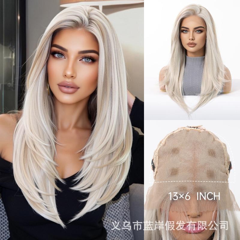 * HD large area lace wig medium black brown long straight hair fashion full hood lace Wig