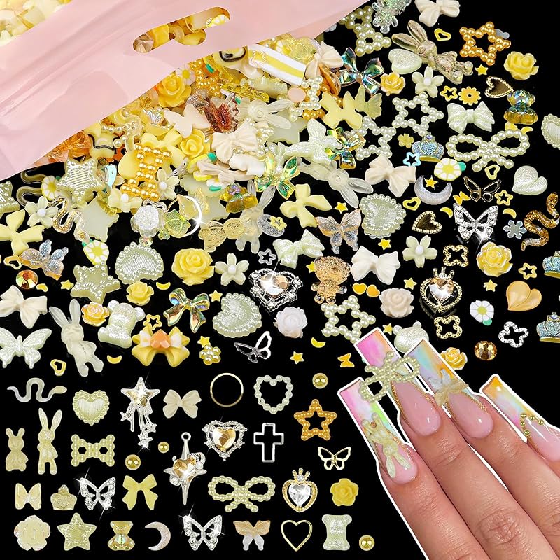 600Pcs Cute 3D Nail Charms and Gems, Colorful Rabbit Bow Charms Alloy Butterfly Heart Star Nail Jewels with Nail Rhinestones Mixed Gold Nail Studs жёлтый
