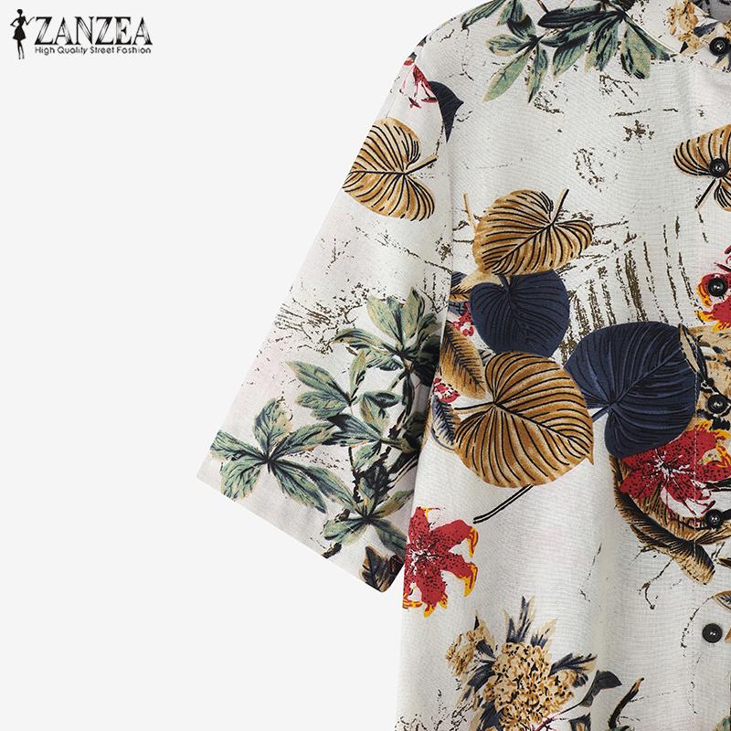 ZANZEA Women Casual Stand Collar Half Sleeve Loose Print Cotton Dress