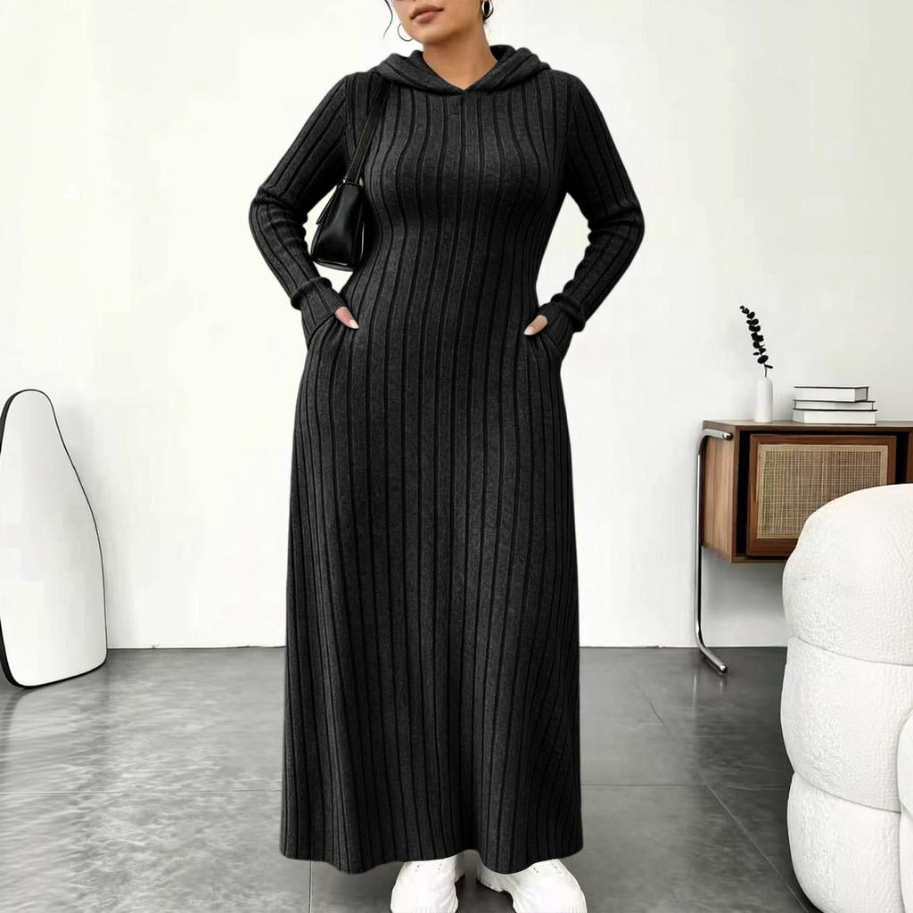 Women's Fashion Color Hooded Ribbed Dress with Slim Fit Cinched Waist and Pockets