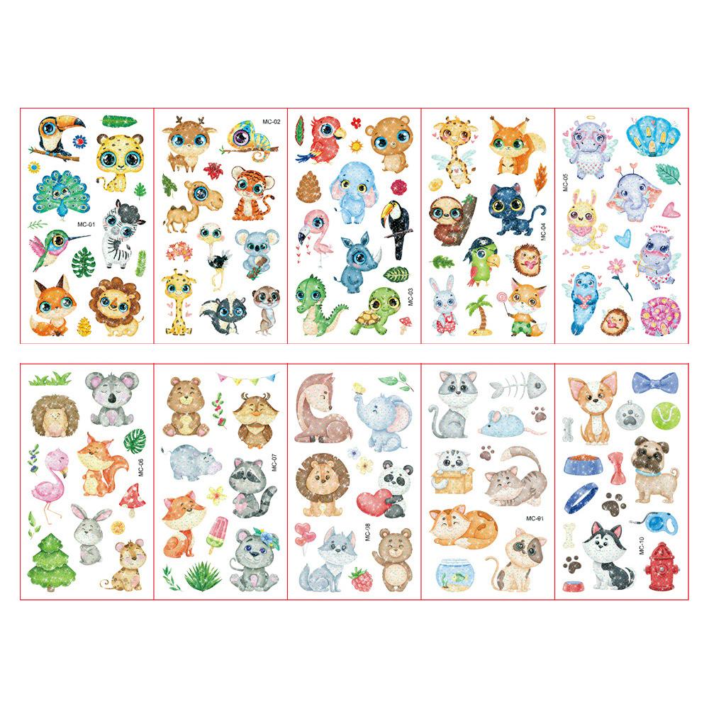 10 Fogli/Set Tatuaggi Adesivi Colorati con Polvere Glitterata Cartone Animato Animale Unicorno Principessa Veicolo Tatuaggio Temporaneo Finto per Bambini