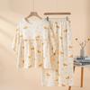 Crew neck pajamas cotton double-layer crepe five-quarter sleeves women's summer and autumn thin trousers cartoon pajamas loose and