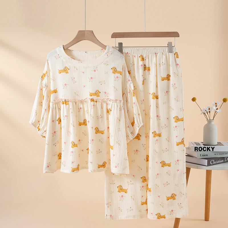 Crew neck pajamas cotton double-layer crepe five-quarter sleeves women's summer and autumn thin trousers cartoon pajamas loose and