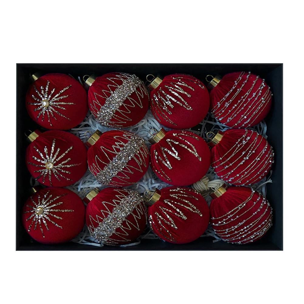 

12Pcs Velvet Christmas Tree Ornaments with Flocked Texture 8cm Balls for Use on Wreaths Garlands Mantels and Christmas Trees красный