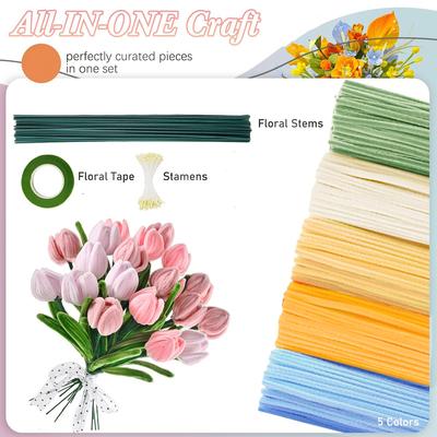 5Assorted Coloful Pipe Cleaner, Chenille Stem for DIY Flower Making Kit with 20pcs Floral Stems,1pc Gardening Tape,150pcs Stamen